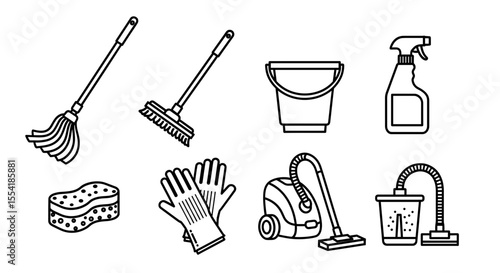 Collection of cleaning equipment including mops brooms bucket spray bottle sponge gloves and vacuums tools