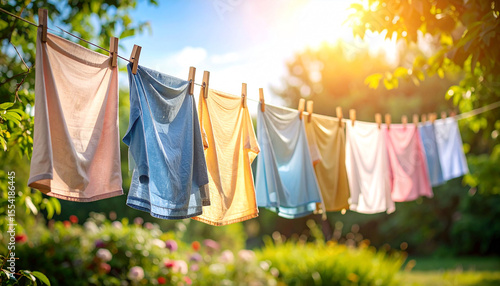 Wallpaper Mural Colorful clothing hangs on a clothesline outdoors in bright sunlight, drying against a backdrop of lush greenery and flowers Torontodigital.ca