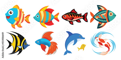 "Colorful Cartoon Fish Vector Collection – Tropical, Fantasy and Aquarium Style Fish Set"
