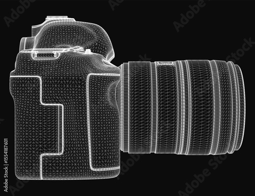 A 3D model of a digital SLR camera rendered in wireframe style, showcasing intricate details on a sleek black background. The realistic design highlights the camera's structure with precision.