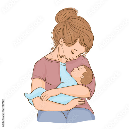 Young mother holds a cute baby in her arms. Happy mothers day.