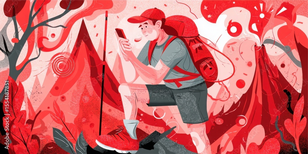 Fototapeta premium Working in Alternative Situations Concept. Adventurer Using Smartphone While Hiking Through Vibrant Red Forest Landscape Illustration