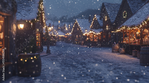 Beautiful winter village street at night during heavy snowfall on Christmas.