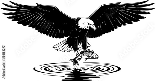 eagle, majestic bird, spreading wings, perched on rock, dynamic pose, monochrome, detailed illustration
