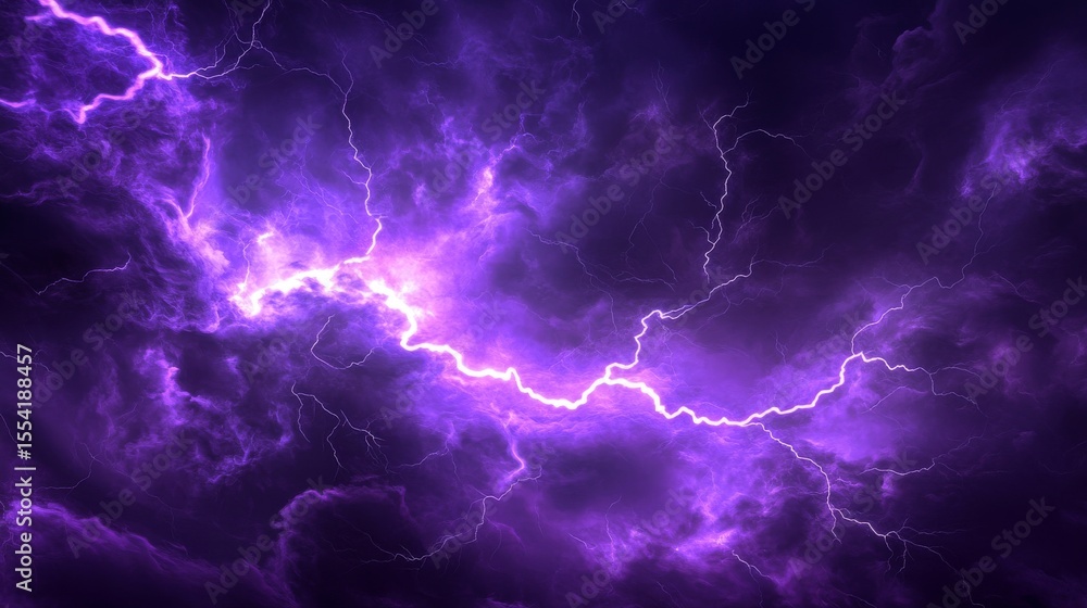 During a thunderstorm at night, the dark stormy sky is lit up by intense purple lightning bolts During a thunderstorm at night, the dark stormy sky is lit up by intense purple lightning bolts
