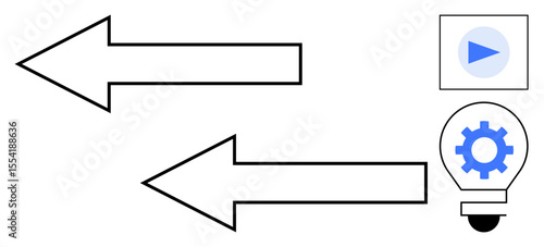 Two opposing arrows with a play button and a lightbulb-gear combination evoke concepts of innovation, decision-making, processes, and change. Ideal for strategy, communication, teamwork, technology