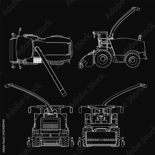 Detailed blueprint of a combine harvester on a black background, featuring a tractor, combine, and hay bale with visible headlights, grille, and wheels.