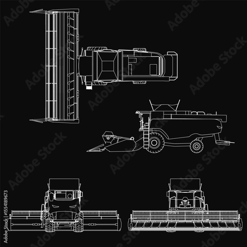 Detailed blueprint of a combine harvester on a black background, featuring front, back, and side views. Clearly visible components include headlights, grille, and wheels.