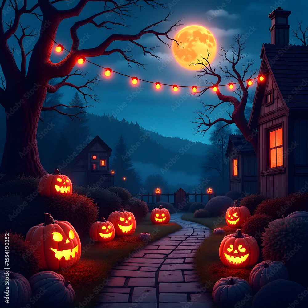 Fototapeta premium Halloween Night with Glowing Pumpkins and Moonlight