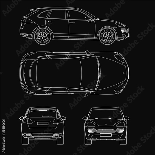 Car blueprint on black background highlights detailed contours, headlights, grille, and alloy wheels. Technical illustration showcases the luxury SUV's sleek design