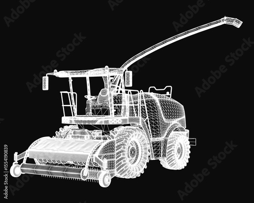 A detailed 3D model of a combine harvester on a black background, showcasing intricate blueprint lines and realistic curves. The design highlights mechanical precision with clean edges and accurate.