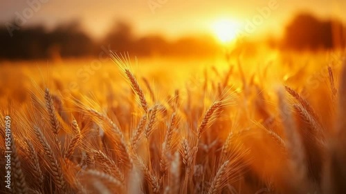 Golden wheat field at sunset with a vibrant warm glow creating a serene natural landscape
