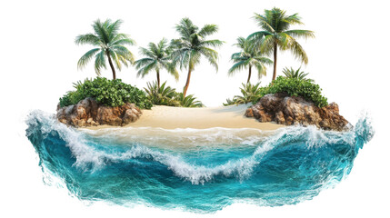 Tropical Island Cutout with Palm Trees and Waves