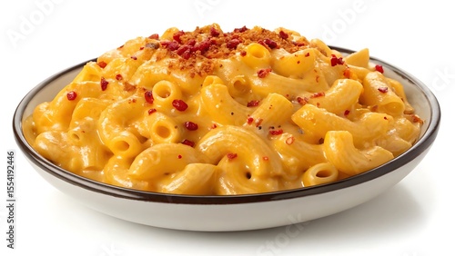Delicious creamy macaroni and cheese pasta dish with chicken, fresh vegetables, and a rich sauce