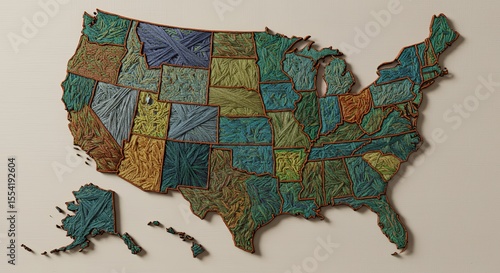 Intricate Threadwork Depicts a Vibrant, Textured Map of the United States.