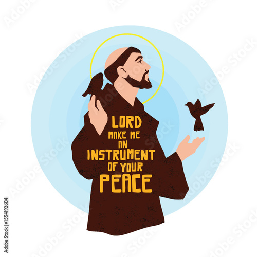 Drawing of Saint Francis of Assisi, line drawing black and white vector design.
