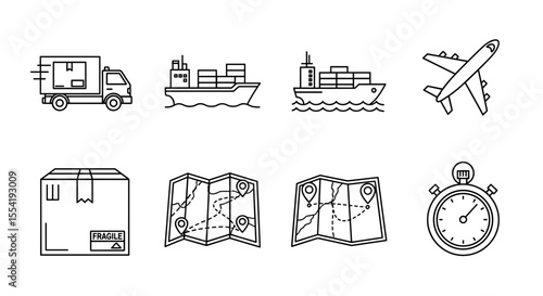 Outlined delivery icons depicting truck, ships, airplane, package, maps and a stopwatch representing time