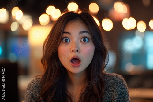 Asian young woman with a shocked expression, reacting to an unbelievable offer., Generative AI