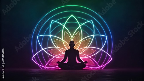 Silhouette meditating in front of a glowing lotus flower with radiating neon circles behind it