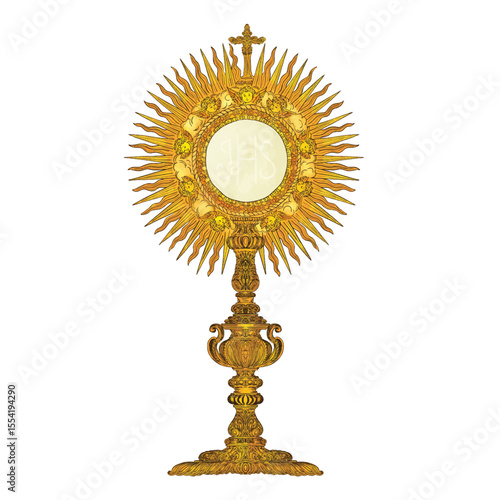 Eucharist symbols of bread and wine, chalice and host with wheat ears and grapes vine.