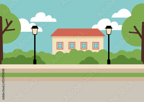 house with trees and lampposts on a street. Flat design suburban landscape or quiet park scene. Urban neighborhood background graphic design.