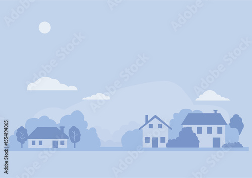 Flat design illustration of a quiet suburban landscape with houses and trees. A peaceful neighborhood background for residential and community concepts and a minimalist graphic design element.