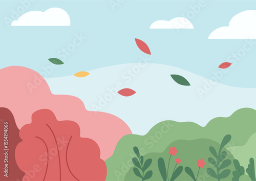 Abstract autumn landscape with falling leaves and colorful hills. Seasonal change and nature beauty concept. Background for web design and greeting card.