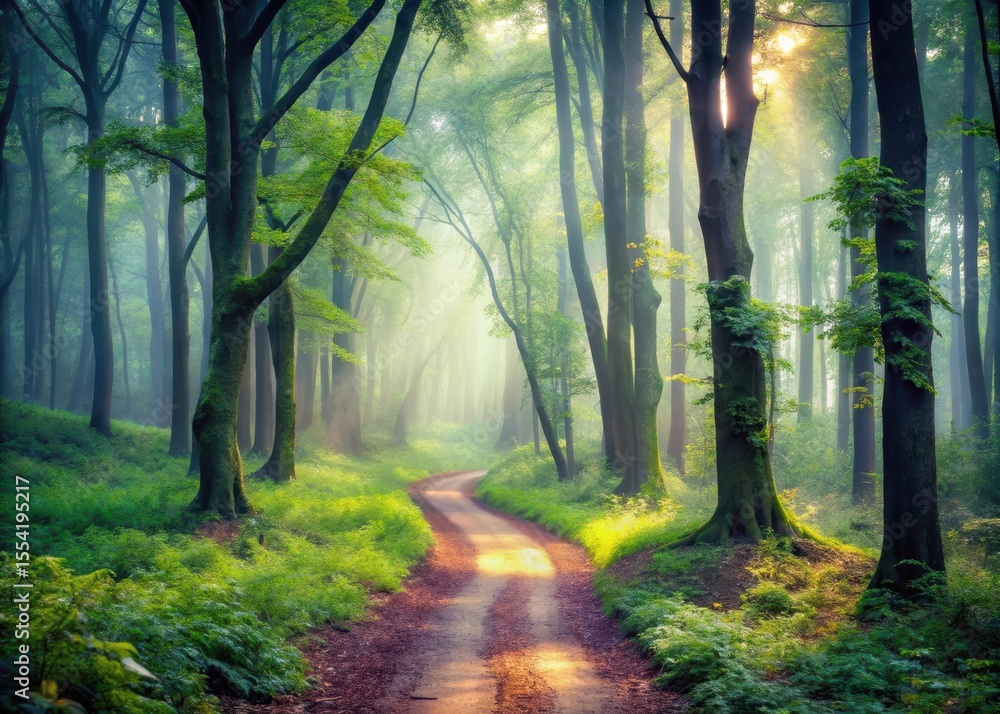 Fototapeta premium Forest Path in Misty Dawn