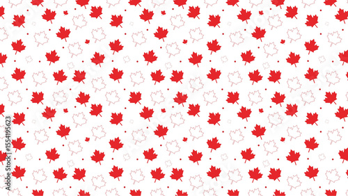A repeating pattern of red maple leaves and white maple leaf outlines on a white background