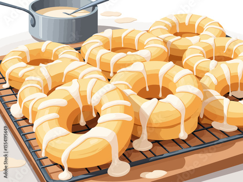 A batch of freshly baked Sicilian taralli, soft and ring-shaped, glazed with a shiny white sugar coating