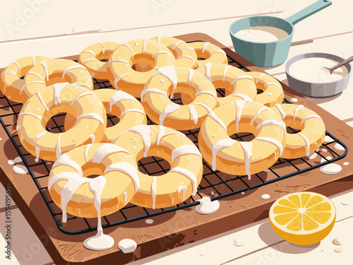 A batch of freshly baked Sicilian taralli, soft and ring-shaped, glazed with a shiny white sugar coating