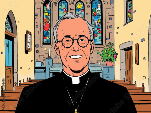 A cheerful Catholic priest with a curious and enthusiastic expressio