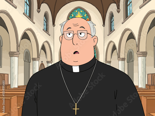 A cheerful Catholic priest with a curious and enthusiastic expressio