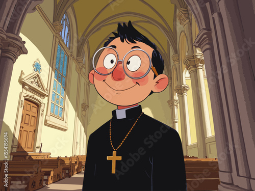 A cheerful Catholic priest with a curious and enthusiastic expressio