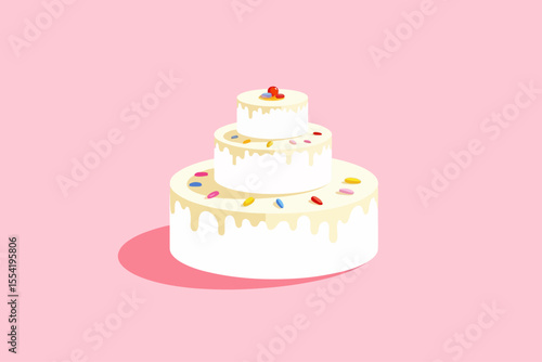  A round white cake with colorful details in the frosting, with another smaller round cake on top of it, and another one even smaller on top of it, creating a pyramid-like shape