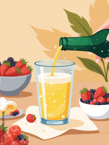  a sparkling drink being poured into a clear Tumblr-style glass, minimal bubbles, relaxed breakfast table scene, linen napkin and blurred berry bowl in background