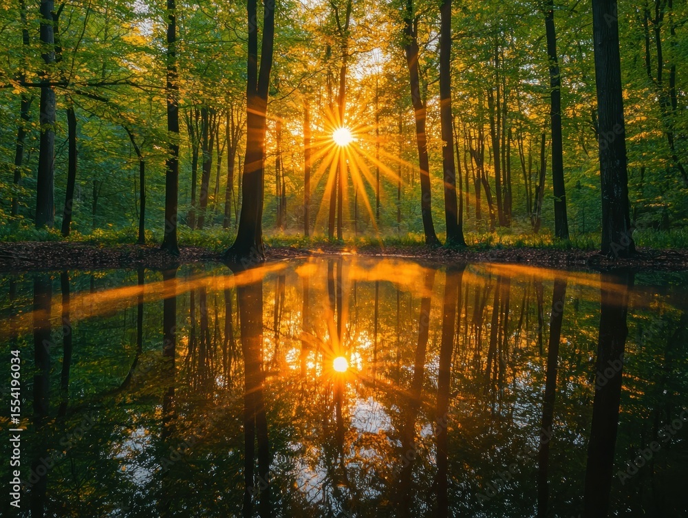 Obraz premium Sunbeams pierce a tranquil forest, reflected in a still pool