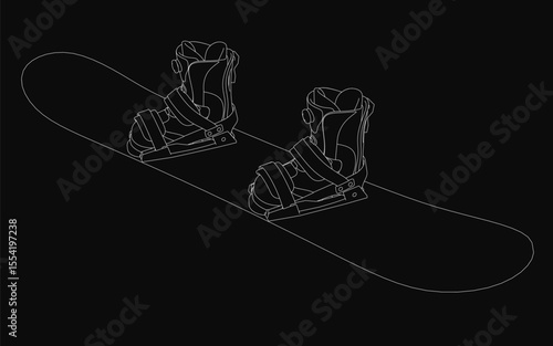 A black and white snowboard rests horizontally with a pair of snowboard boots placed on top, creating a sleek winter sports composition. The monochrome aesthetic highlights clean lines and textures.