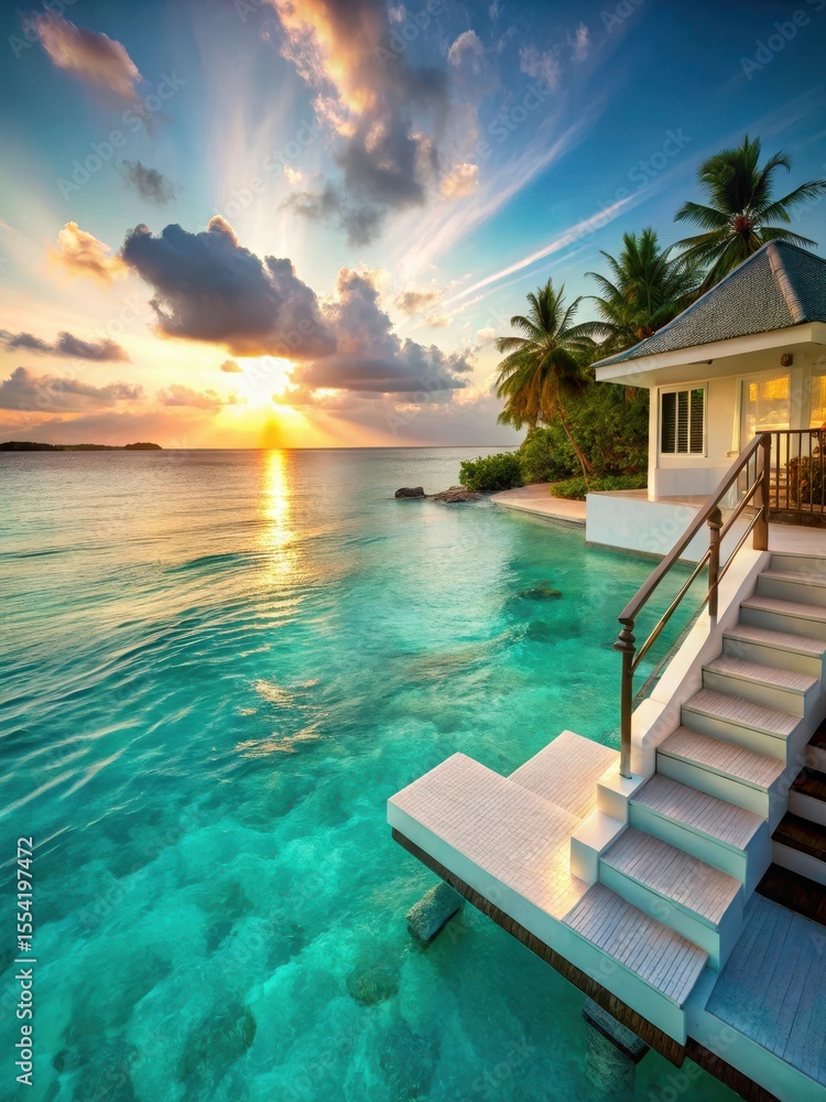 Fototapeta premium White villa with steps leading into crystal-clear turquoise water on a tropical beach at sunset