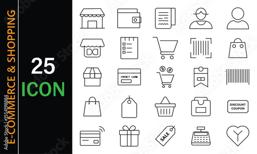 Collection of 25 e commerce and shopping line icons on white background