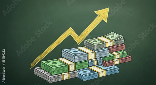Financial Growth Illustration with Stacked Money and Upward Arrow on Dark Green Background