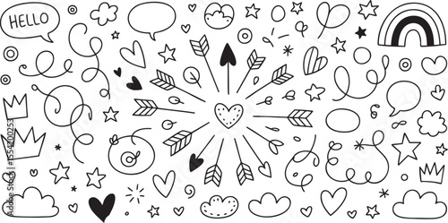 Whimsical Doodle Background Vector Illustration Featuring Hand-Drawn Hearts, Arrows, Stars, Clouds, and Speech Bubbles on a Dark Backdrop for Creative Projects