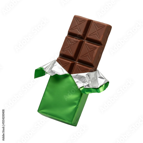 Delicious milk chocolate bar unwrapped in green foil packaging isolated on transparent background