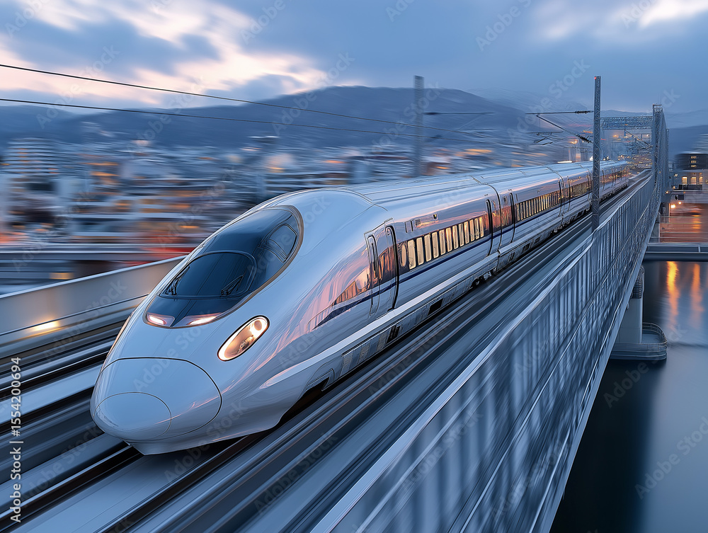 Naklejka premium Futuristic high speed train on bridge at dusk 