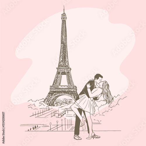 Happy young lovers couple kissing in front of Eiffel Tower. Valentines day banner.