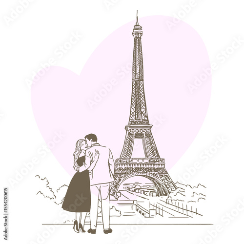 Happy young lovers couple kissing in front of Eiffel Tower. Valentines day banner.