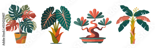 Colorful abstract funky house plants in pots, mid-century modern retro style with geometric patterns, perfect for vibrant, stylish decor and graphic design projects