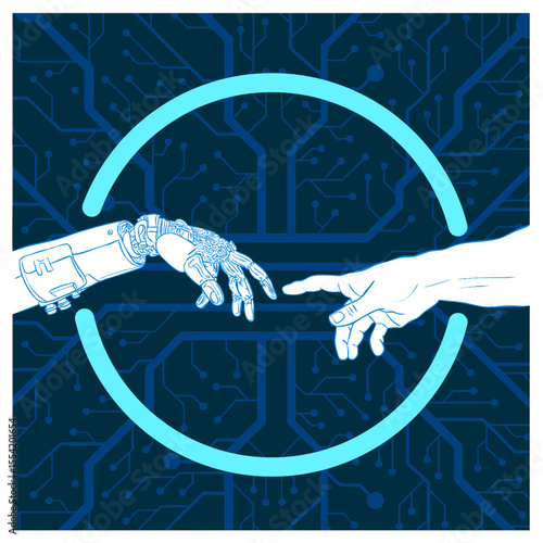 Artificial Intelligence AI and Humans. Business human and robot handshake.