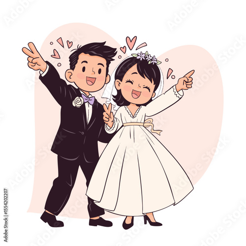 Bride and groom in beautiful outfits. Happy wedding of man and woman.