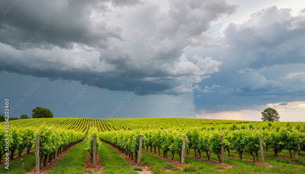 Fototapeta premium Vibrant vineyard under stormy sky, dramatic panoramic landscape